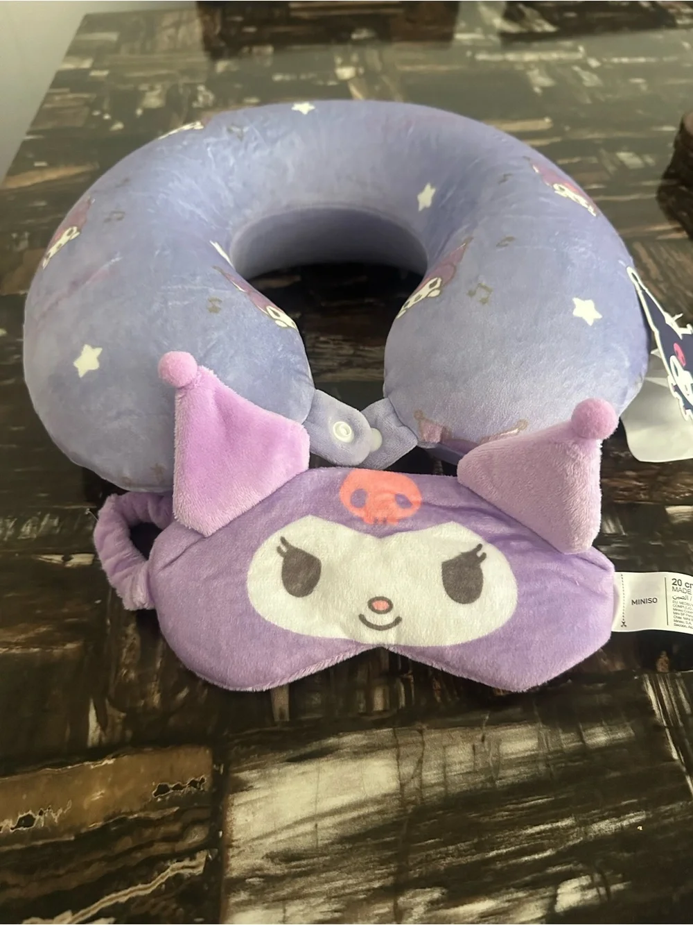 Sanrio Purple Kuromi Plush Travel Neck Pillow with Eye Mask